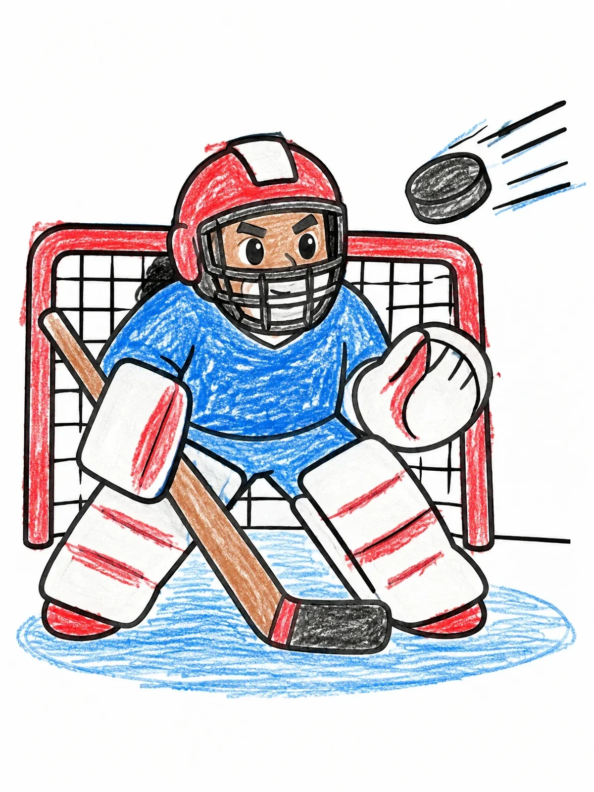 Colored example of the Hockey Goalie Defending The Net coloring page