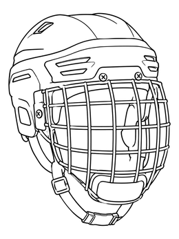 A detailed hockey coloring page featuring a protective ice hockey helmet with a full cage.