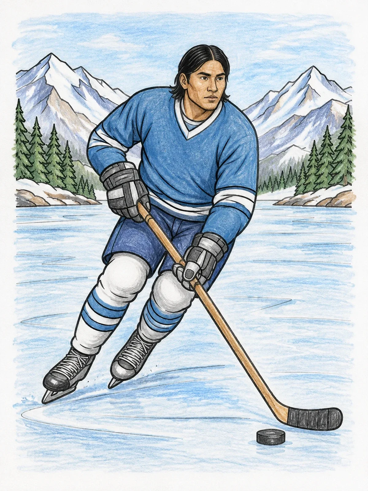 Colored example of the Ice Hockey On A Mountain Lake coloring page