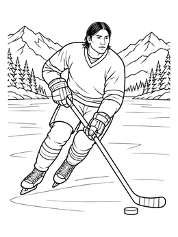 A hockey player skating on a frozen mountain lake in this Colorado coloring page.