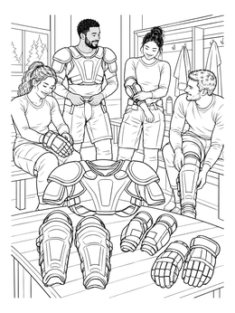 Ice hockey players getting ready around a table of pads on this hockey coloring page.