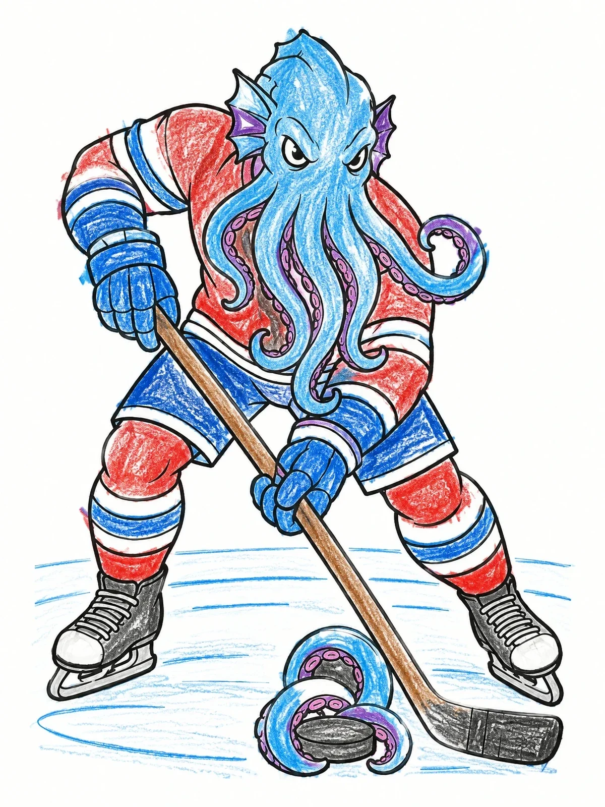 Colored example of the Ice Hockey Playing Sea Monster coloring page