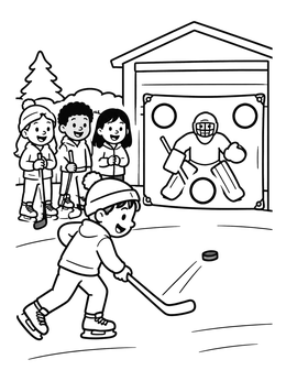 A boy shoots a puck toward a garage target tarp in this hockey coloring page.