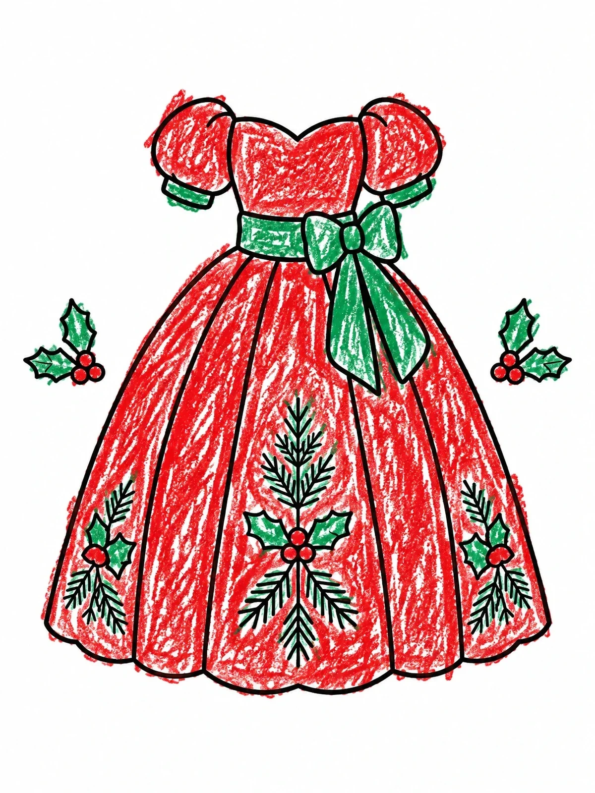 Colored example of the Holiday Ball Gown With Holly coloring page