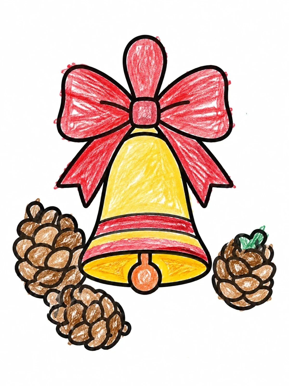 Colored example of the Holiday Bell With Bow And Pinecones coloring page