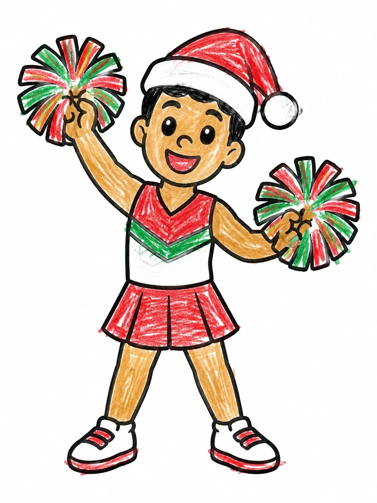 Colored example of the Holiday Cheerleader With Santa Hat coloring page