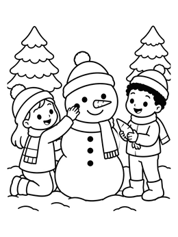 A cheerful holiday coloring page featuring two children decorating a friendly snowman outdoors.