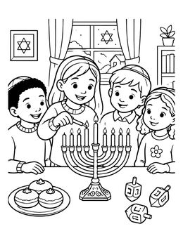 Kids lighting candles on a menorah in this holiday coloring page.