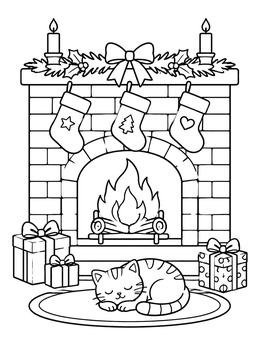 Free printable Cozy Christmas Fireplace With Sleeping Cat coloring page