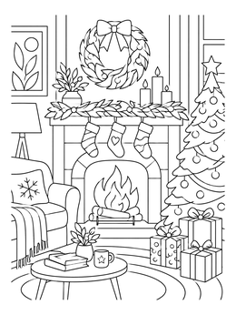 A cozy holiday coloring page featuring a warm fireplace, decorated tree, and gifts.