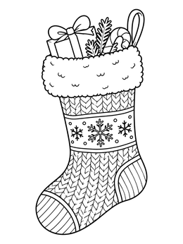 A detailed holiday coloring page of a knitted Christmas stocking filled with wrapped gifts and candy canes.