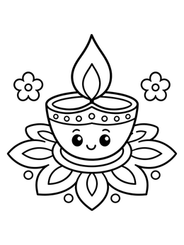 Cute smiling diya on a rangoli flower in a holiday coloring page.