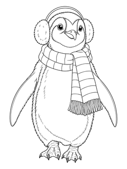 A cozy penguin in winter gear features in this charming holiday coloring page.