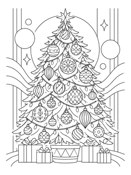 A detailed holiday coloring page featuring a decorated Christmas tree with patterned baubles and gifts.
