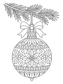 A detailed holiday coloring page of an ornate Christmas bauble hanging from a pine branch.