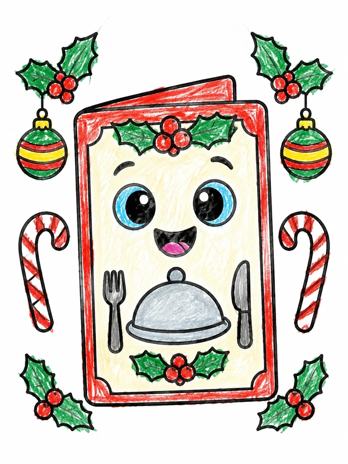 Colored example of the Cheerful Holiday Dinner Menu Character coloring page