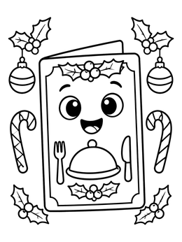 A smiling holiday menu coloring page surrounded by candy canes, ornaments, and holly leaves.