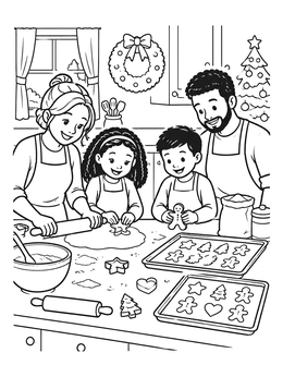 A happy family bakes gingerbread cookies together in this holiday coloring page.
