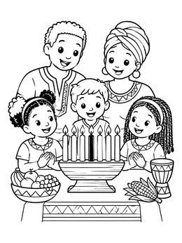 A smiling family celebrating Kwanzaa around a kinara in this holiday coloring page.
