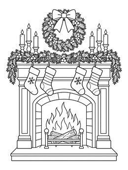 A cozy holiday coloring page showing a decorated fireplace with stockings, candles, and a wreath.