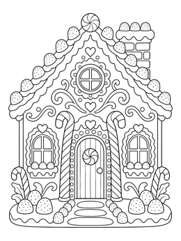 An ornate holiday coloring page showing a decorated gingerbread house.