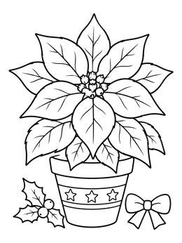 A potted poinsettia plant sits beside holly and a bow in this holiday coloring page.