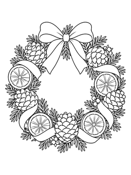 A decorative wreath with pinecones, dried oranges, and ribbon on this holiday coloring page.