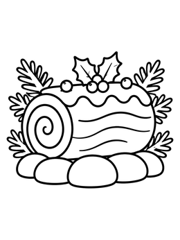A festive Yule log cake with holly berries on this holiday coloring page.