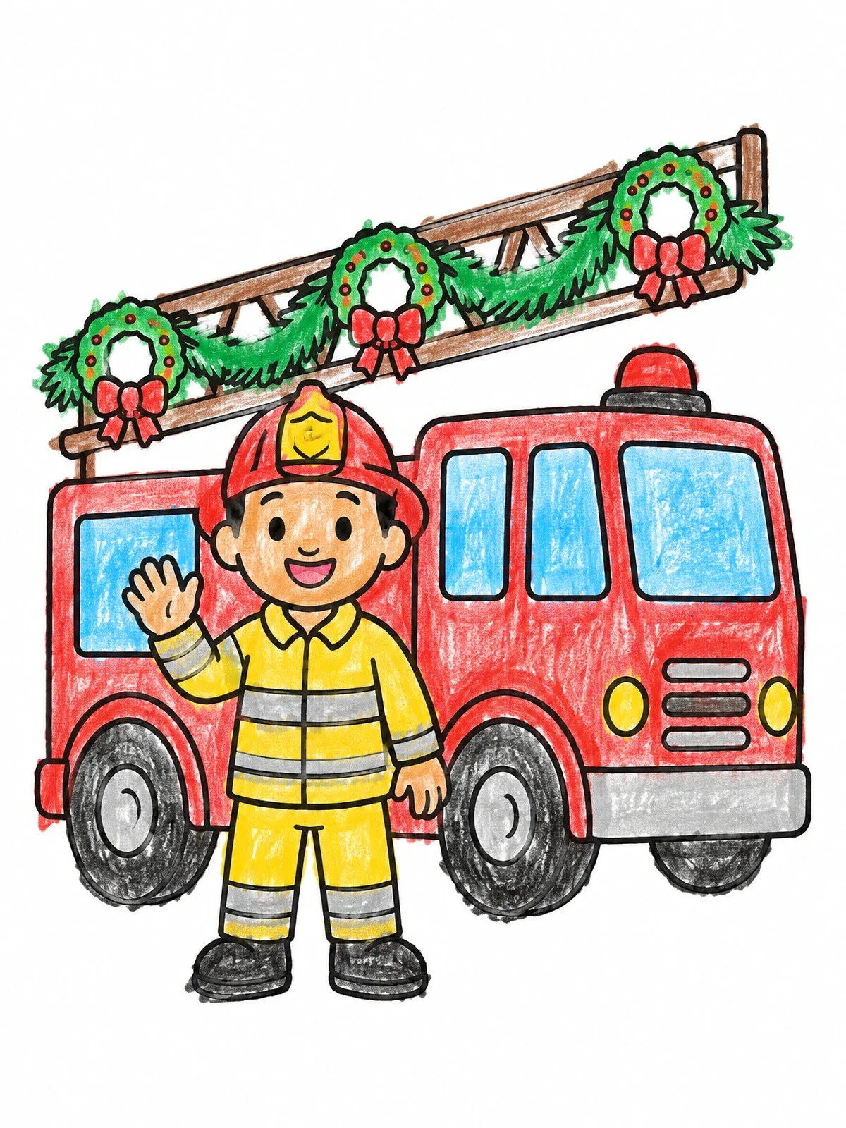 Colored example of the Holiday Fire Truck And Firefighter coloring page