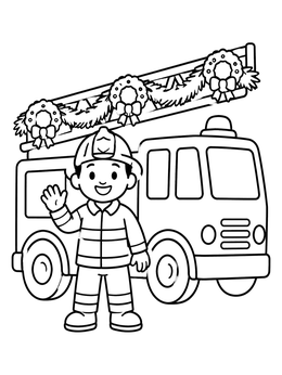 Free printable Holiday Fire Truck And Firefighter coloring page