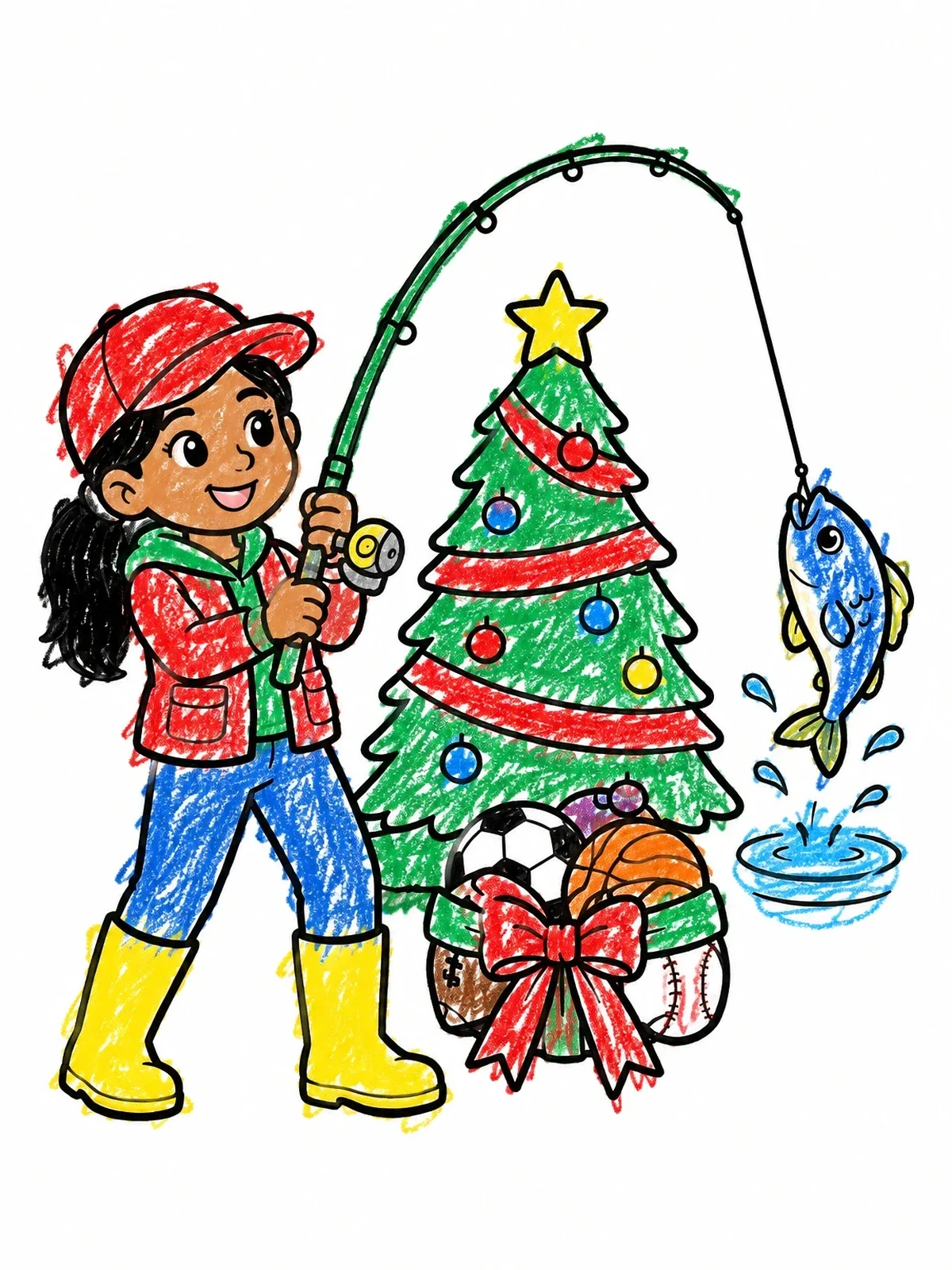Colored example of the Holiday Fishing By The Christmas Tree coloring page