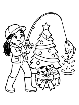 A happy young angler reels in a catch on this festive sports coloring page.