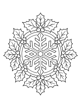 Geometric snowflake surrounded by holly leaves in this holiday coloring page.