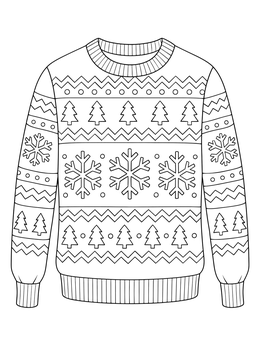 Festive ugly sweater coloring page with snowflakes, trees, and geometric patterns.