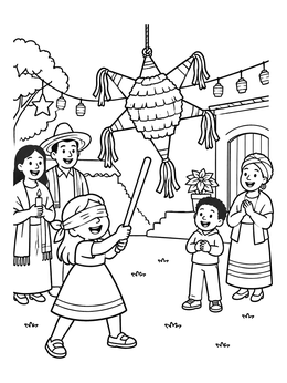 A blindfolded girl swings at a star piñata in this holiday coloring page.