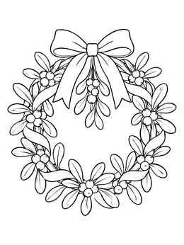 Free printable Holiday Mistletoe Wreath With Ribbon coloring page