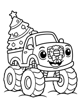 A cheerful holiday monster truck coloring page carrying a Christmas tree and wreath.