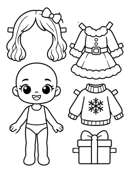 A cute paper doll coloring page with festive winter clothes, wig, and gift cutout.