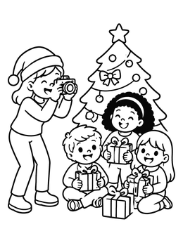 Free printable Holiday Photographer With Happy Children coloring page