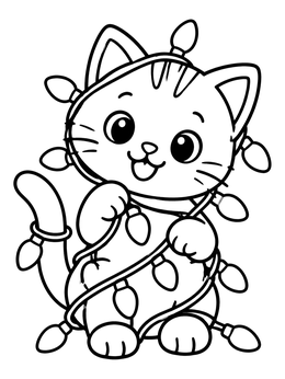 Free printable Playful Kitten With Christmas Lights coloring page