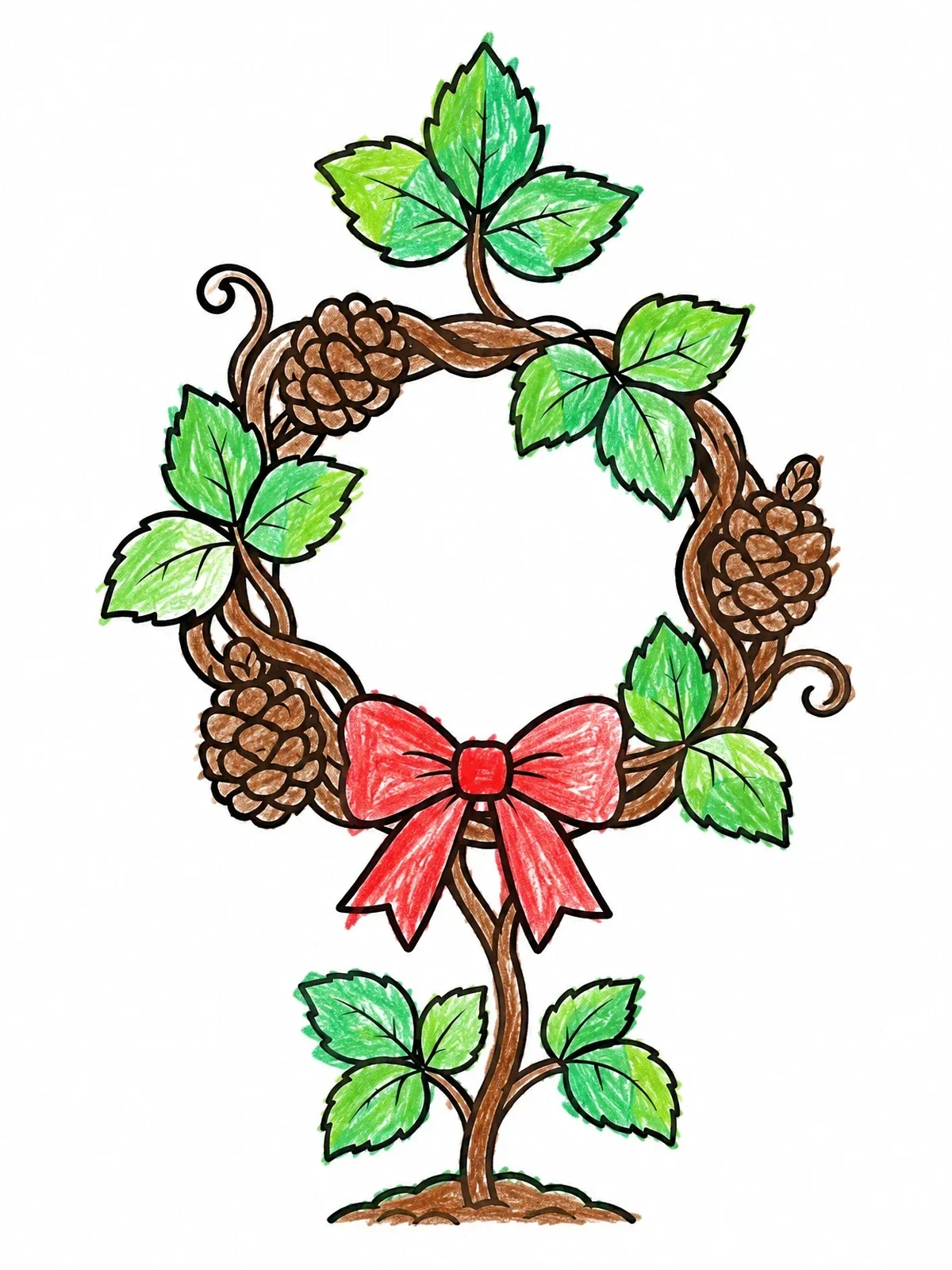 Colored example of the Holiday Poison Ivy Vine Wreath coloring page