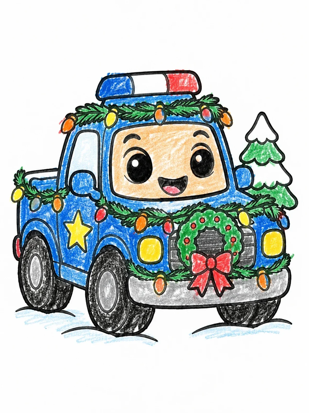 Colored example of the Festive Holiday Police Truck coloring page