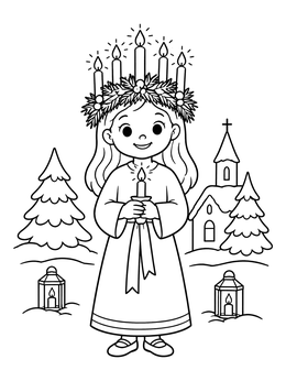 A girl in a candle crown on this holiday coloring page.