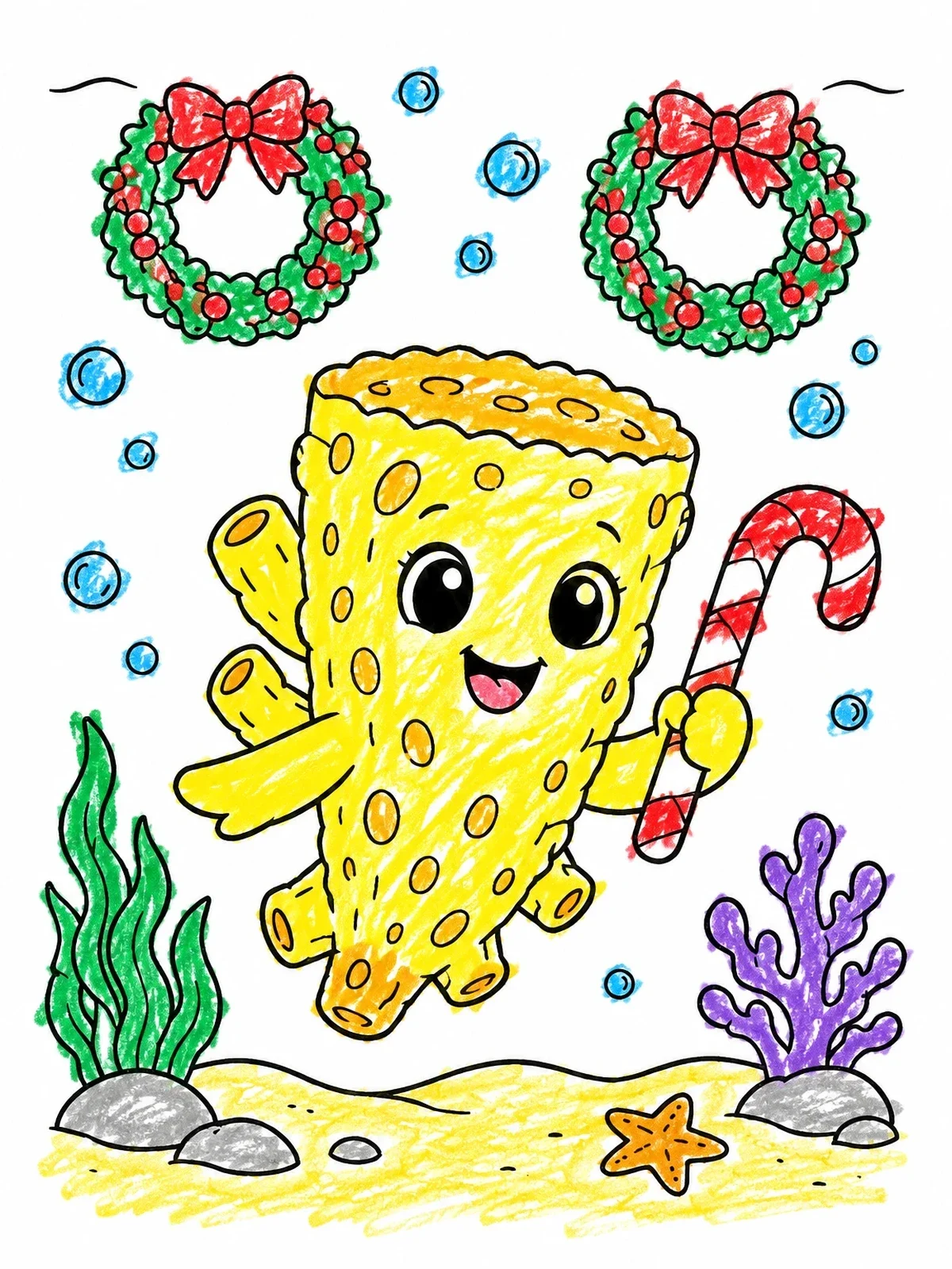 Colored example of the Holiday Sea Sponge With Candy Cane coloring page