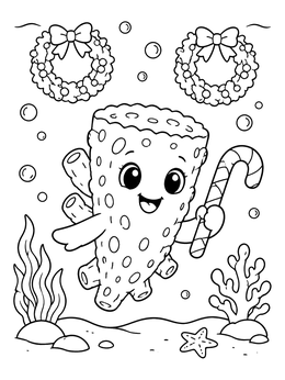 Happy cartoon sea creature in this sponge coloring page with wreaths and candy cane.