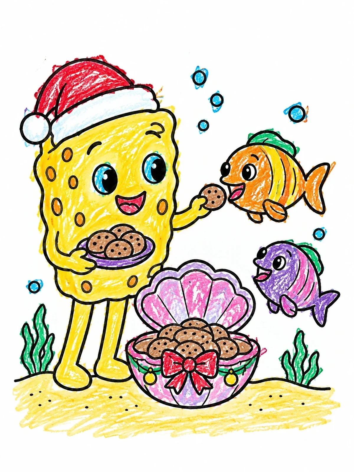 Colored example of the Holiday Sponge Sharing Treats With Fish coloring page