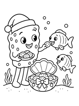 A festive sea sponge coloring page featuring friendly fish and holiday treats.