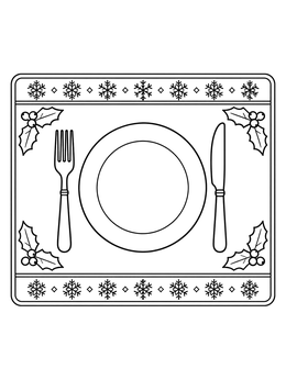 Holiday table setting on a placemat coloring page with snowflakes and holly.