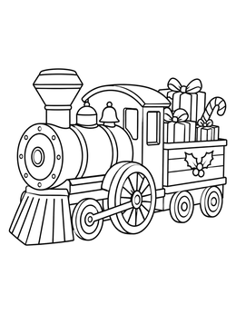 A vintage toy steam train with presents and candy canes on this holiday coloring page.