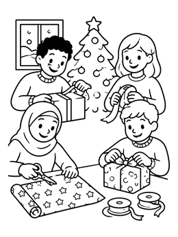 Free printable Wrapping Gifts By The Christmas Tree coloring page